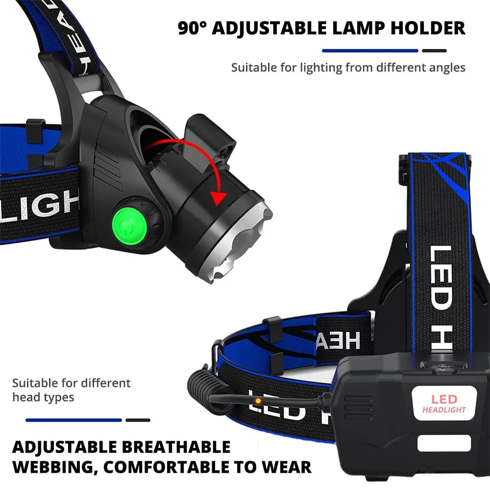 Lampe frontale LED T6 pêche 3 modes zoom étanche super lumineuse avec batteries 18650 rechargeables