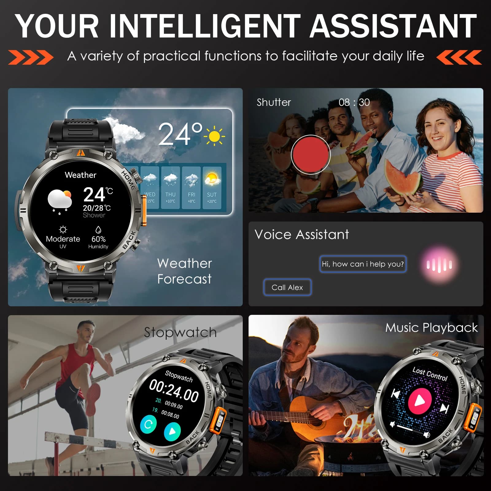 Montre connectée EIGIIS KE3 étanche 3ATM Bluetooth appel santé 100+ modes sport lampe torche