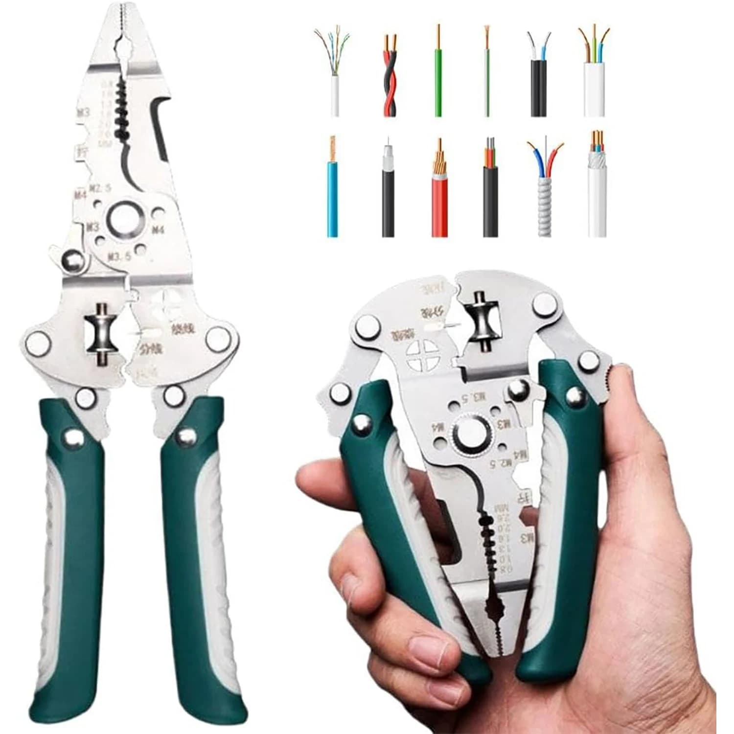 Pince multifonction pliable 18-en-1 pour pêche : dénudeuse, cintreuse et outil d'électricien professionnel