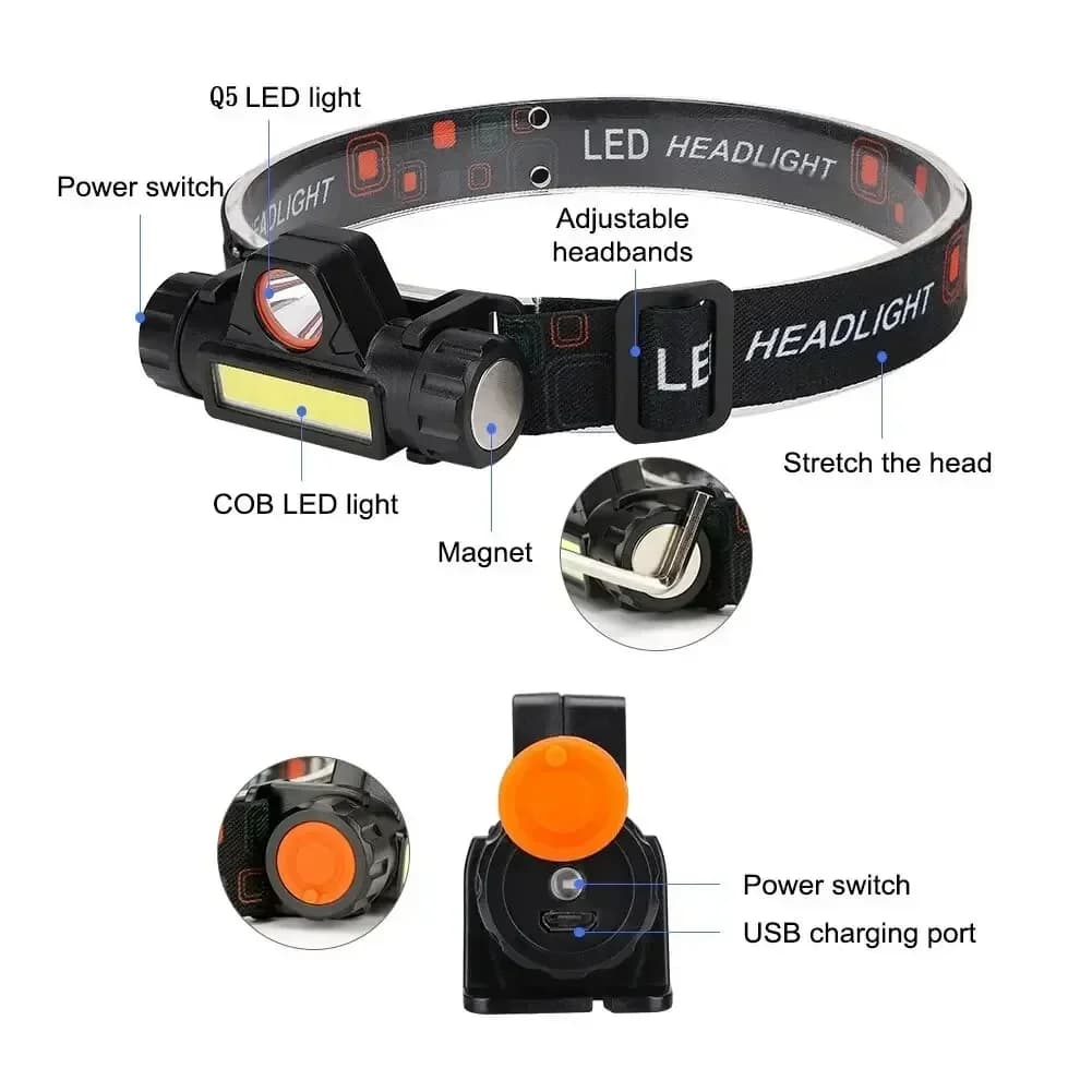 Lampe frontale Q5 COB LED avec batterie 18650 intégrée pour pêche - Variation continue d'intensité