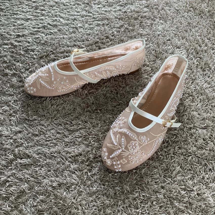 Ballerines femme avec broderie perles - Design mesh, boucle Mary Jane, talon bas, sandales plates confortables