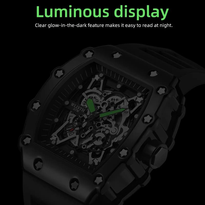 Montre automatique homme WLISTH sport étanche avec cadran lumineux et bracelet silicone, montre mécanique fashion