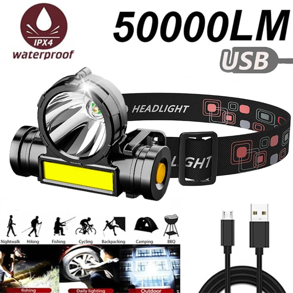 Lampe frontale LED puissante HOMEFISH rechargeable USB étanche pour pêche nocturne et camping