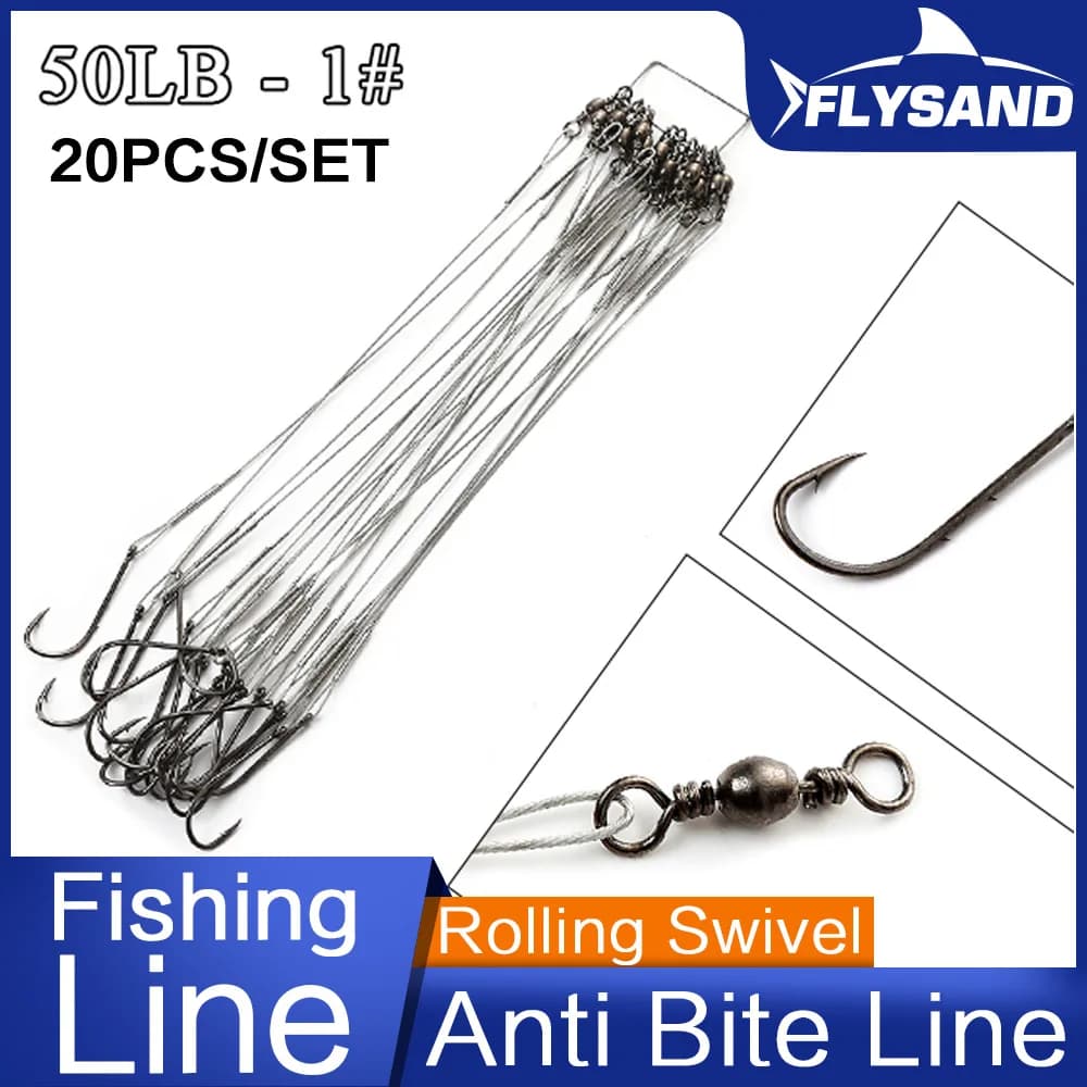 Leader acier anti-morsure FLYSAND 50LB avec hameçon n°1 et émerillon - Lot de 20 pour pêche carnassiers