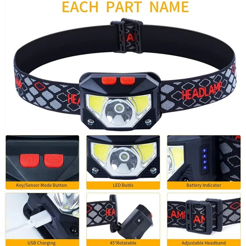 Lampe frontale 8 modes avec capteur de mouvement XPE+COB LED : rechargeable USB, étanche pour pêche et running