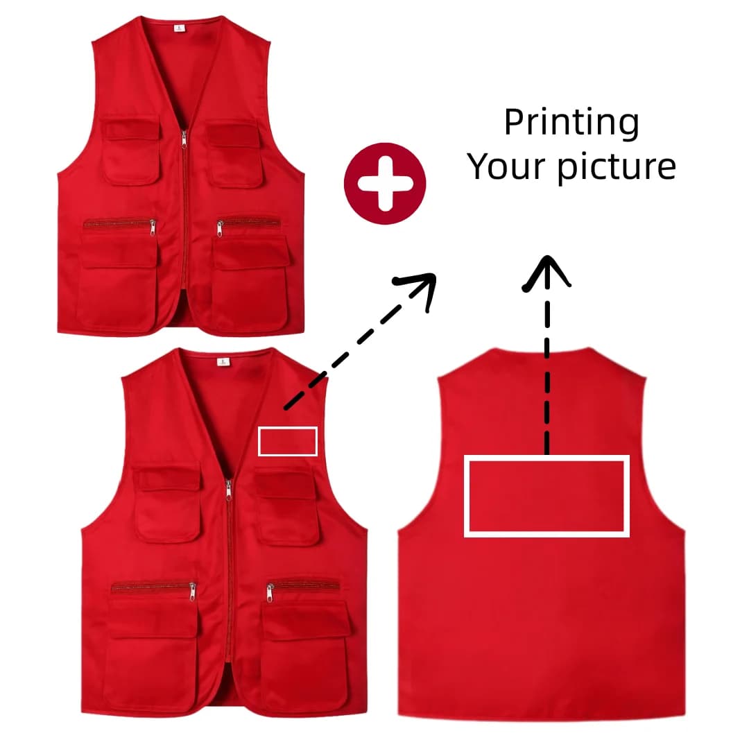 Gilet été 2026 travail loisirs multi-poches - Veste unisext personnalisable haute gamme pêche - Logo imprimé texte