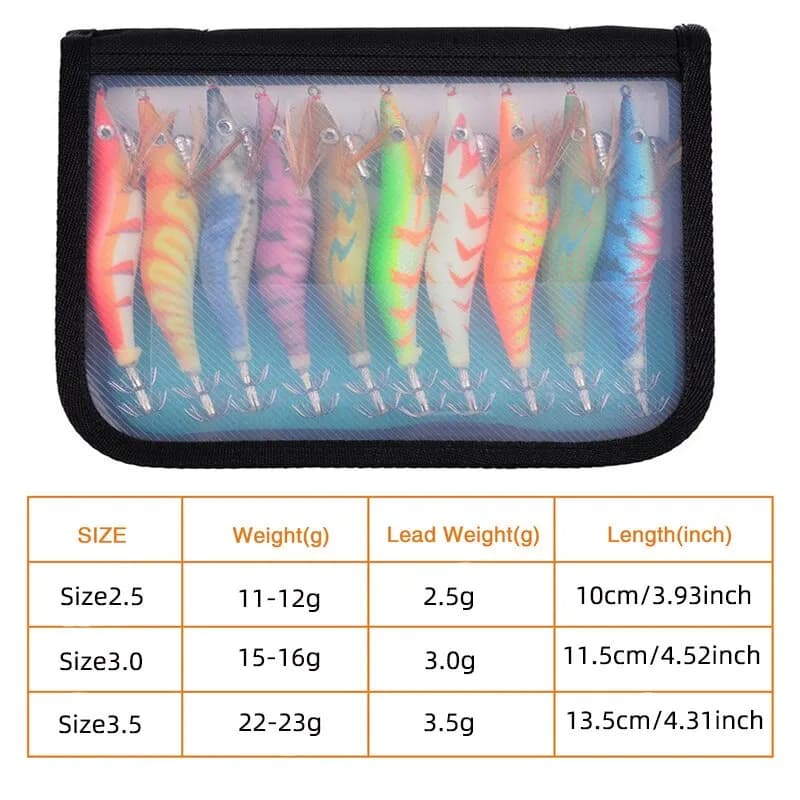 Leurre dur pêche crevettes lumineux 10 pièces - Appât wobbleur calmar pieuvre yeux 3D avec sac de transport