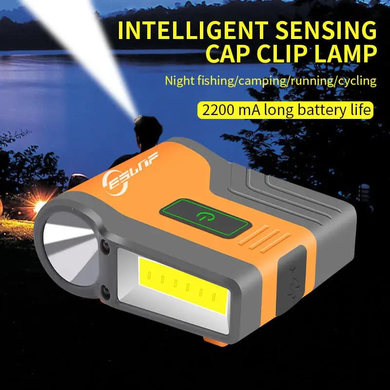 Lampe frontale pêche ESLNF étanche à induction intelligente - LED COB - Lampe clip réglable