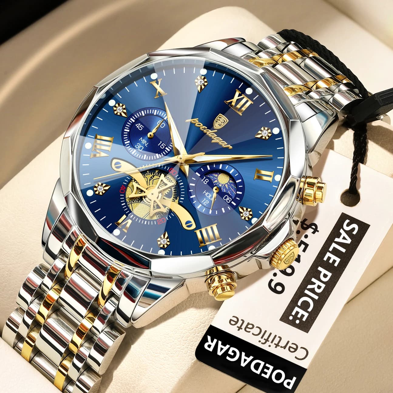 Montre homme luxe POEDAGAR étanche chronographe avec cadran romain et bracelets acier inoxydable