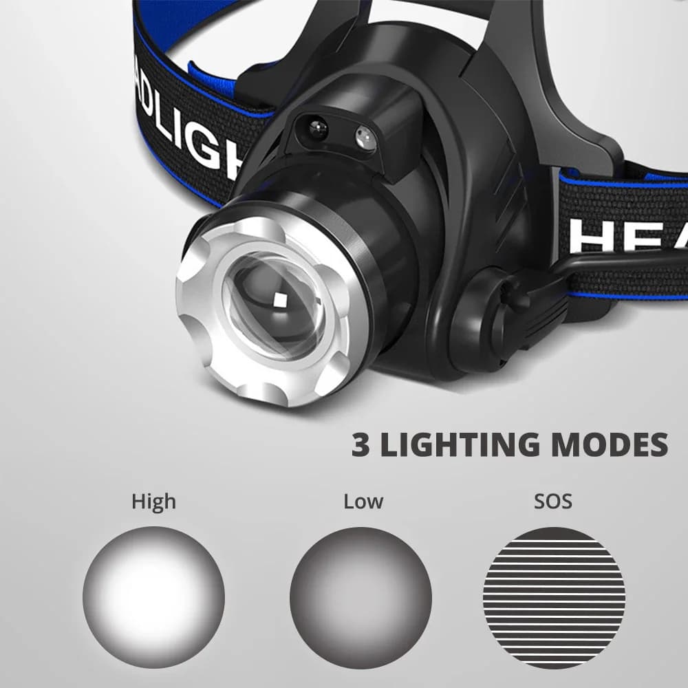 Lampe frontale LED T6 pêche 3 modes zoom étanche super lumineuse avec batteries 18650 rechargeables
