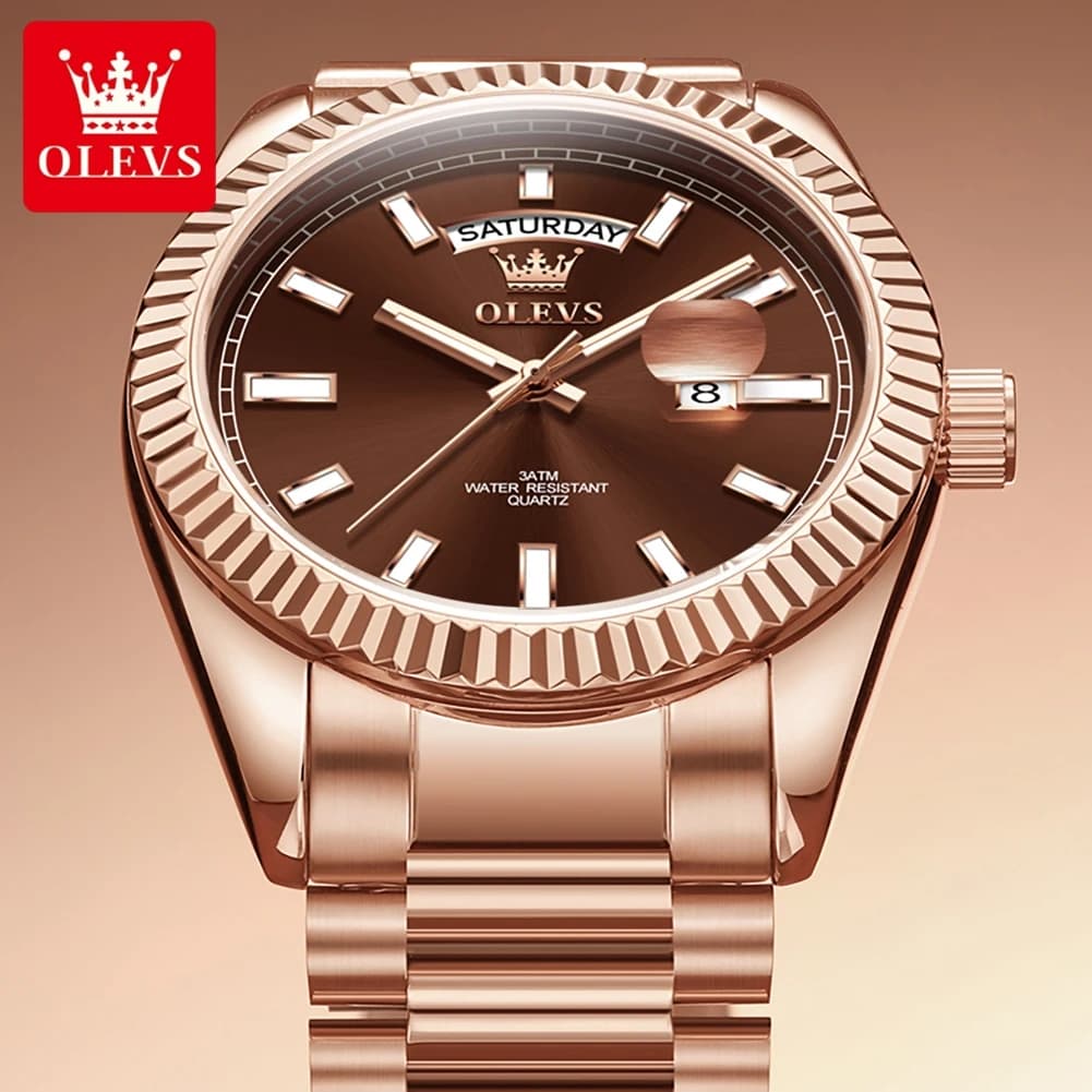 Montre homme luxe OLEVS étanche or rose acier inoxydable affichage date jour mouvement quartz
