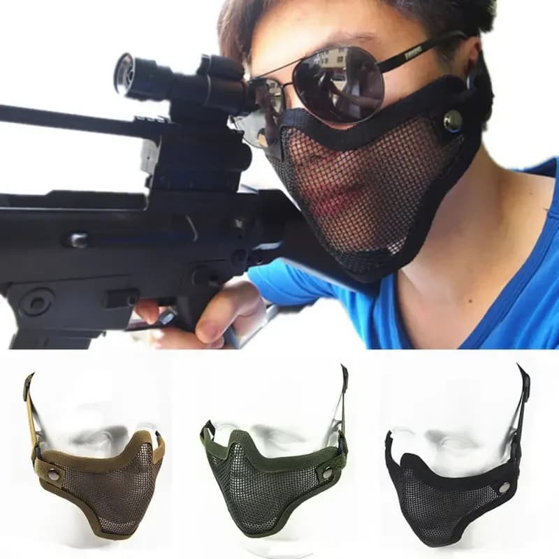 Masque camouflage tactique demi-visage maillage acier pêche airsoft accessoires chasse protection