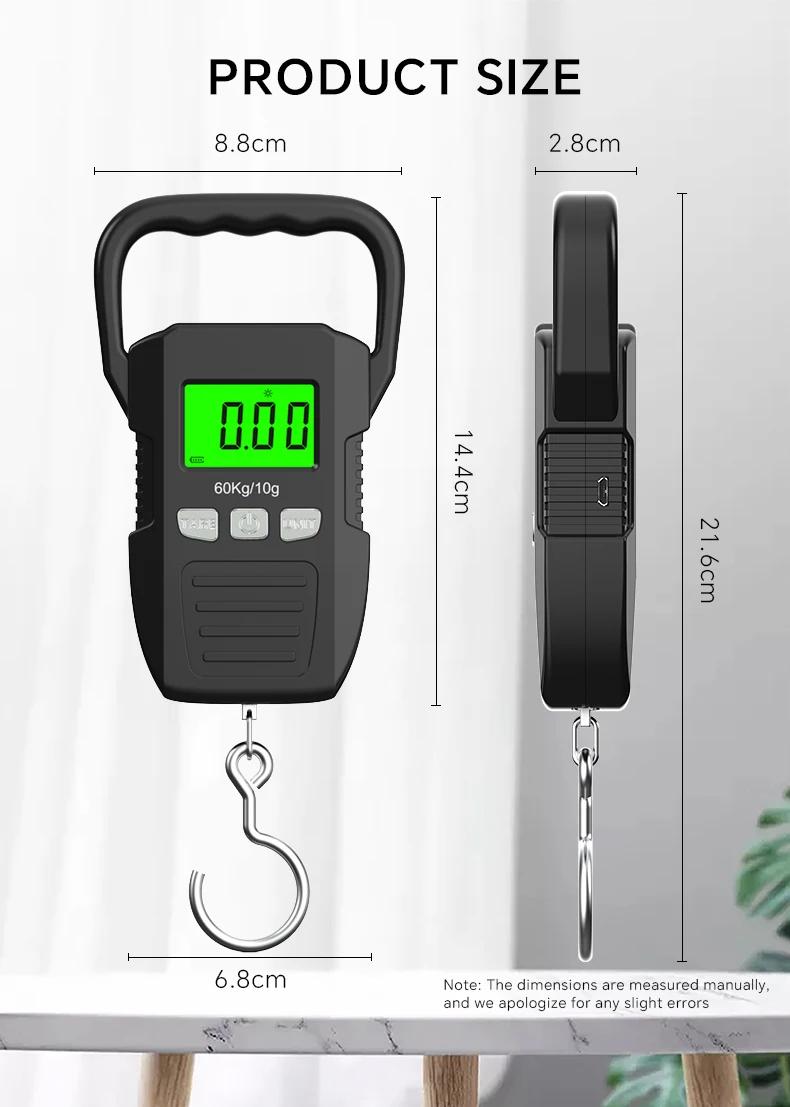 Balance numérique 60kg précision 10g rechargeable USB pour bagages pêche pesée électronique LCD suspendue