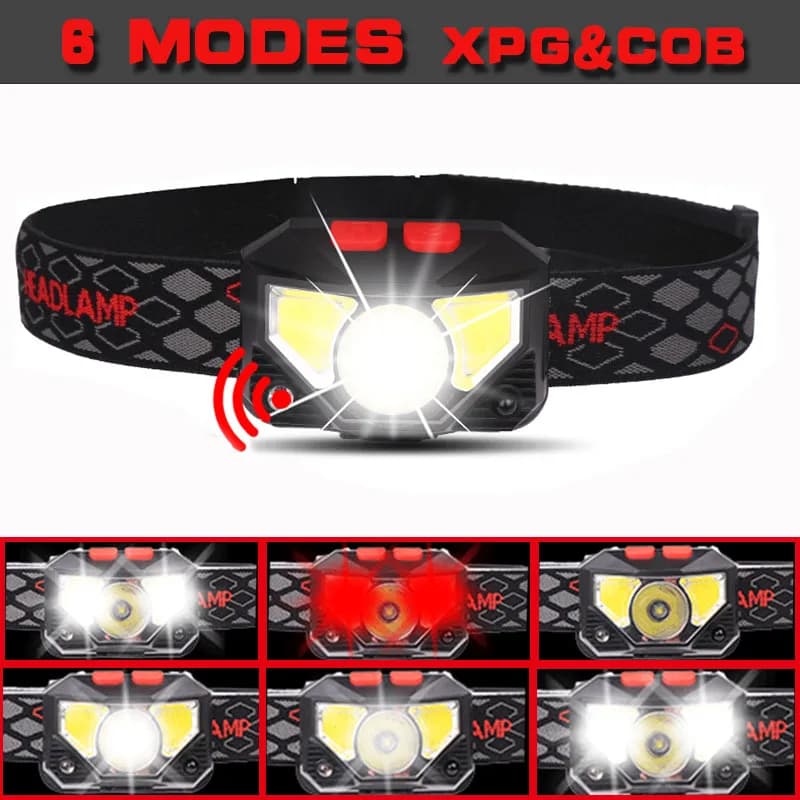 Lampe frontale LED détecteur de mouvement 6 modes - Frontale pêche rechargeable USB étanche XPE+COB