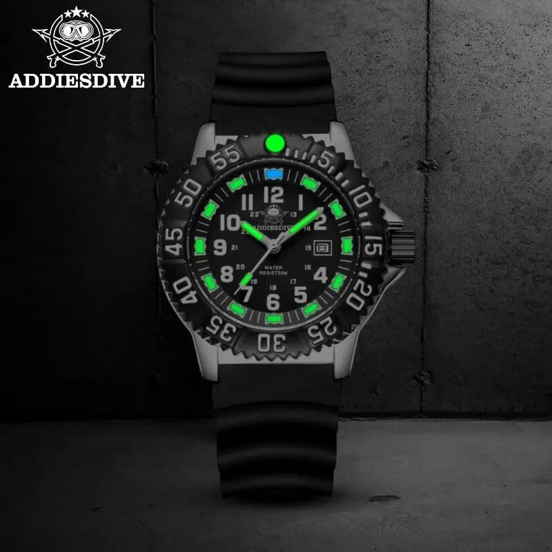 Montre plongée Addies Dive 50m étanche - Cadran noir lumineux - Lunette tournante - Style casual homme