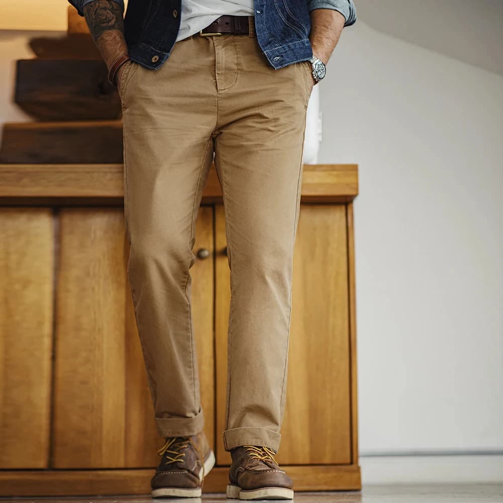 Pantalon vintage twill coton lourd travail automne pêche classique homme droit