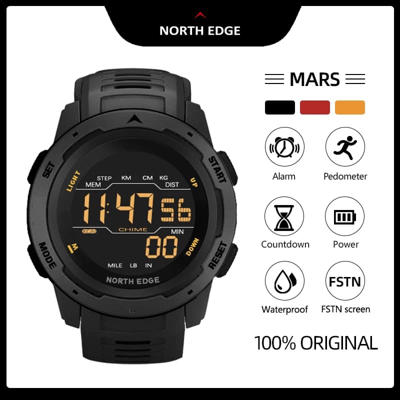 Montre militaire NORTH EDGE homme femme double fuseau podomètre compte à rebours étanche 50m réveil