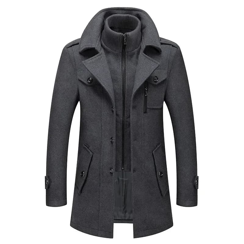 Manteau trench homme laine mi-long double col - Veste coupe-vent automne hiver pour pêcheur