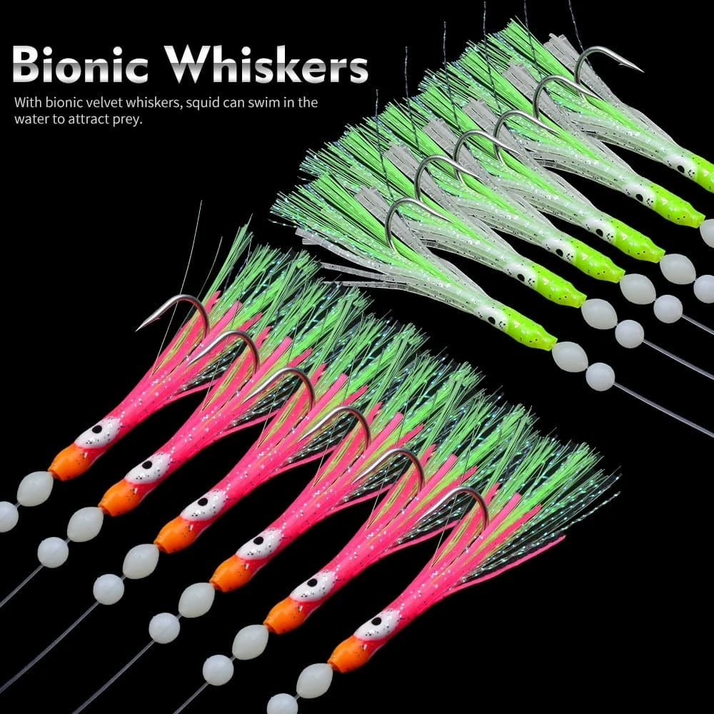 Leurres luminescents 6PCS Sabiki rigs pour pêche mer poissons bleus calamars et maquereaux