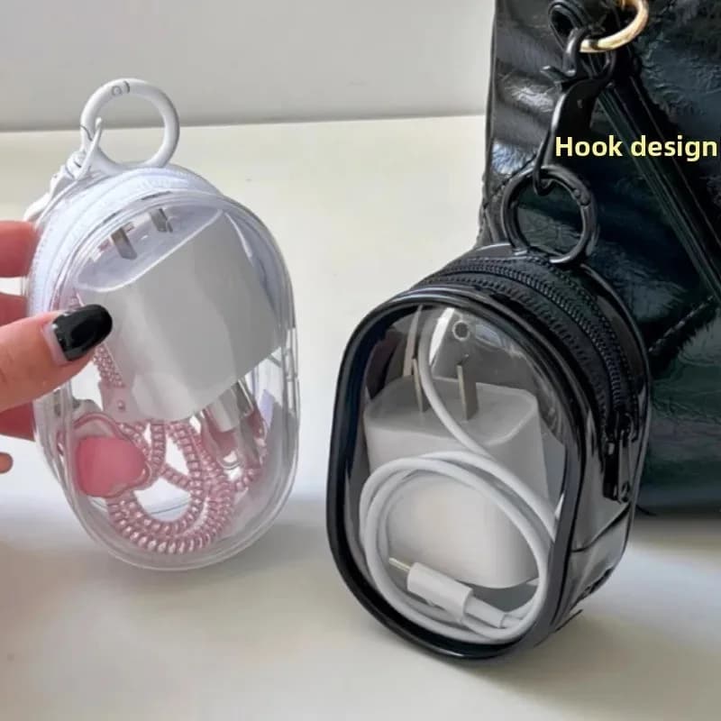 Trousse organisatrice câbles transparente pêche - Pochette pendentif pour chargeurs électronique pêche