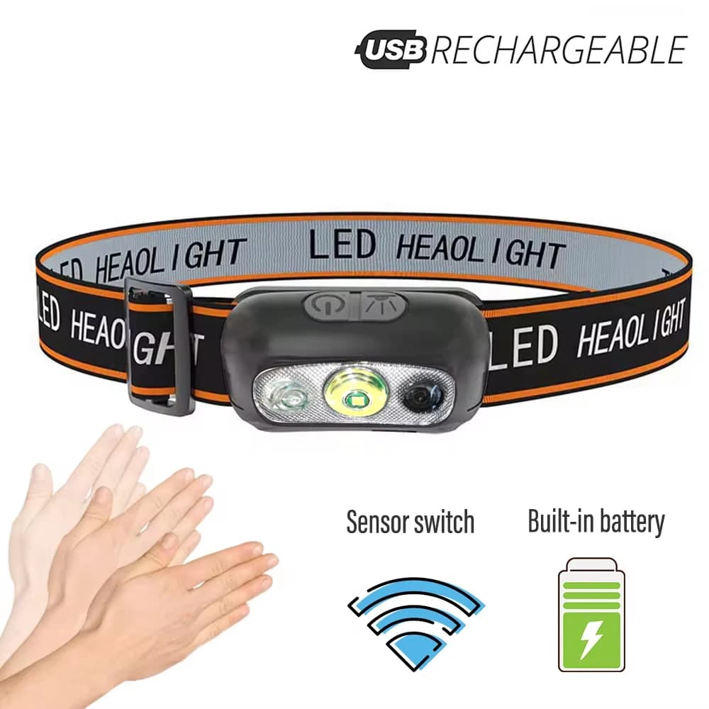 Lampe frontale LED rechargeable pêche avec détecteur de mouvement étanche ultra-légère camping