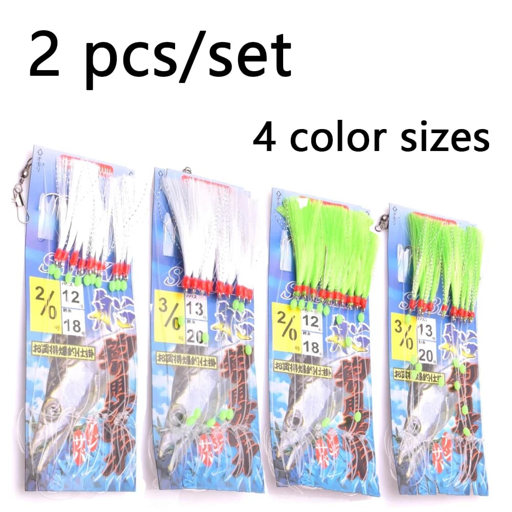 Hameçons lumineux Simulated string hook blanc et vert - 10 pièces pour pêche en mer et bateau