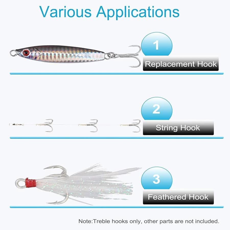 Hameçons triples 5X renforcés pour gros poissons - Truite, Saumon, Thon - Lot de 10 (Tailles