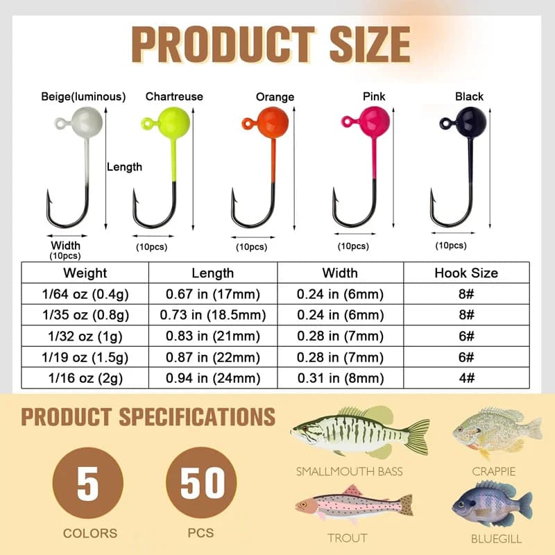 Set 50 hameçons jig tête plombée 0.4g à 2g barbelés tranchants pour leurres souples équipement pêche
