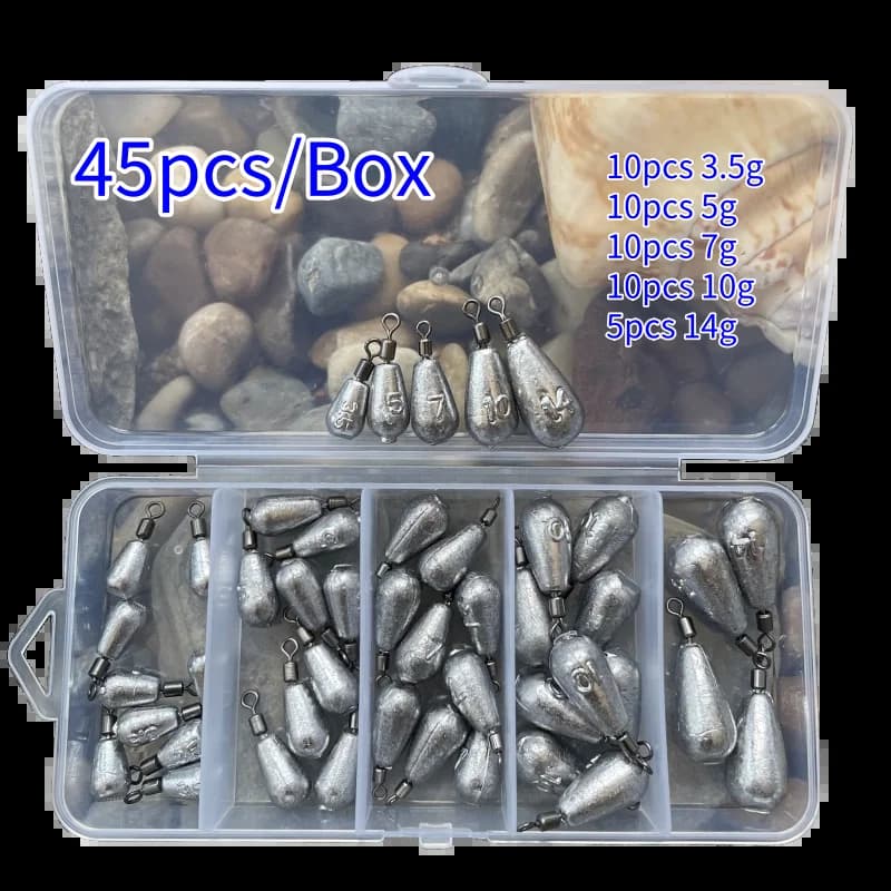 Kit 45 plombs drop shot 3.5g à 14g pour pêche aux leurres et montages carnassiers précis