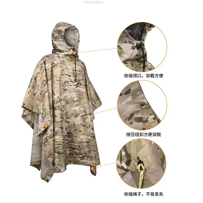 Poncho pluie camouflage jungle respirant PU - Imperméable pêche tropicale observation oiseaux randonnée