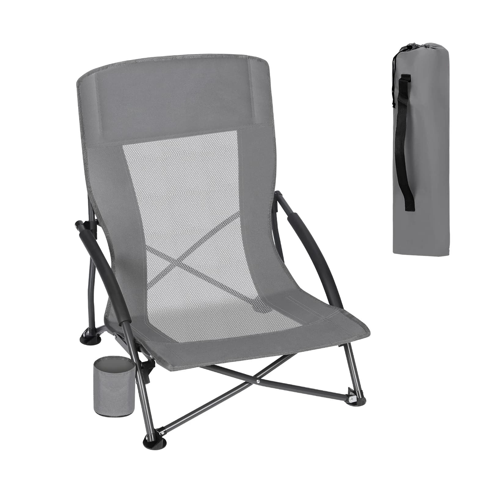 Chaise pliante pêche WOLTU avec accoudoirs et porte-gobelet - Siège pliant plage camping gris foncé