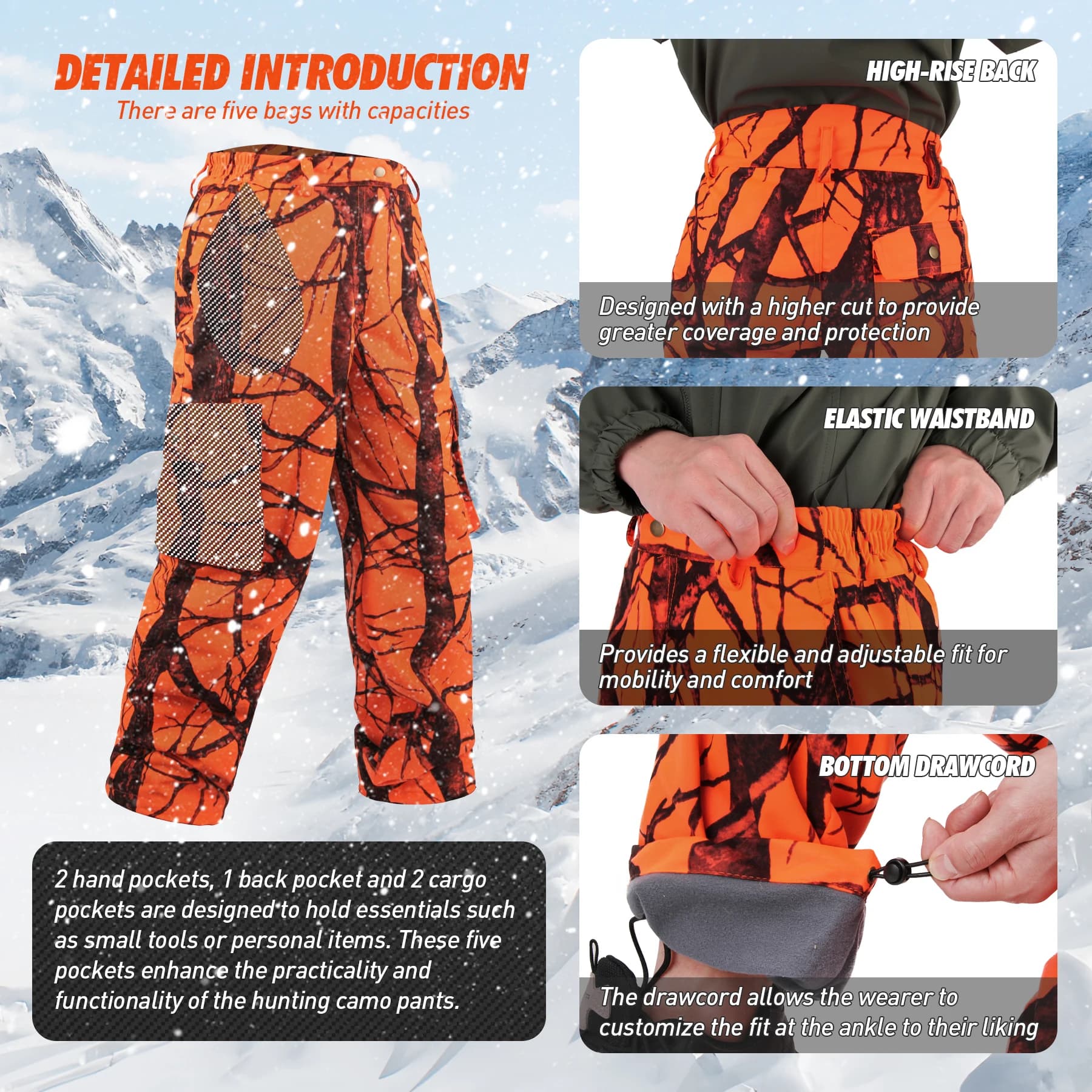 Pantalon chasse orange camouflage homme - Coupe-vent pêche randonnée hiver chaud