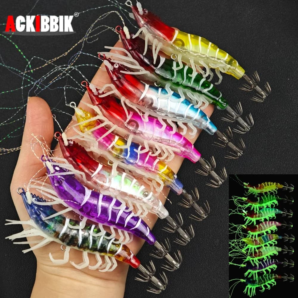 Leurre crevette lumineux Ackibbik pour pêche en mer - appât simulation crevette et seiche