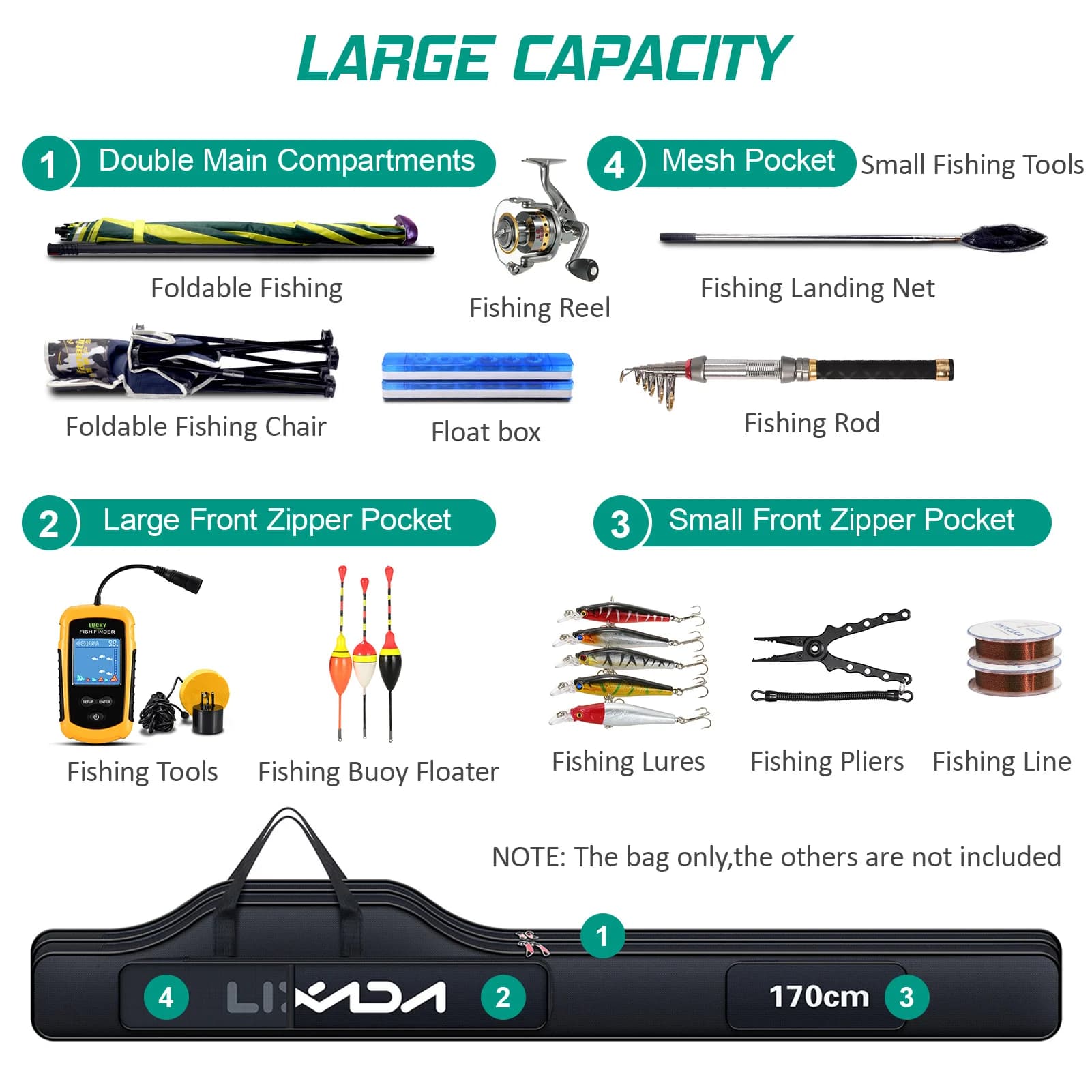 Sac de pêche pliable Lixada 190cm pour cannes et moulinets avec rangement accessoires