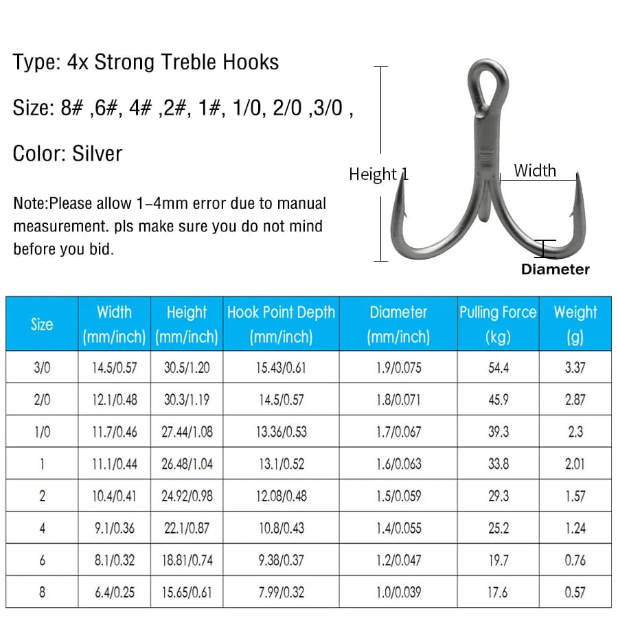Lot de 10 hameçons triples 4X pour gros poissons : truite, saumon, chinchard, thazard (tailles 8 à 3/0)