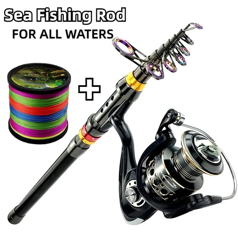 Combo spinning carbone 1.8m à 3.6m avec moulinet 5.2:1 - Kit pêche eau douce et mer - Moulinet métal avec ligne