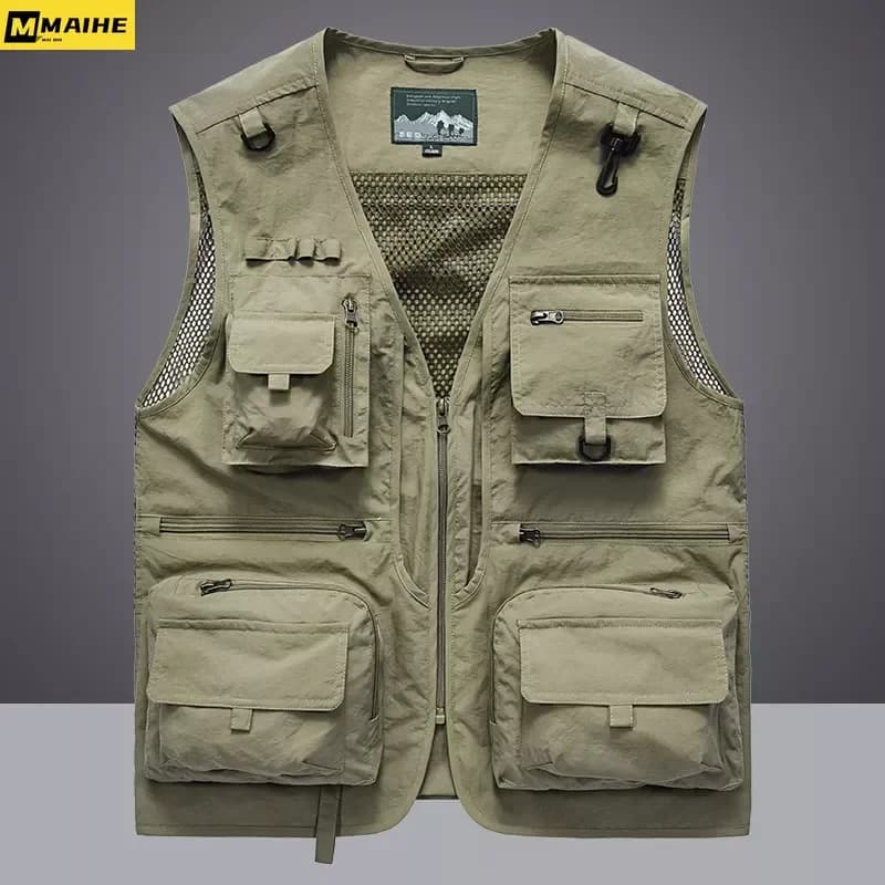 Veste sans manches pêche et randonnée été homme 14 poches mesh cargo tactique