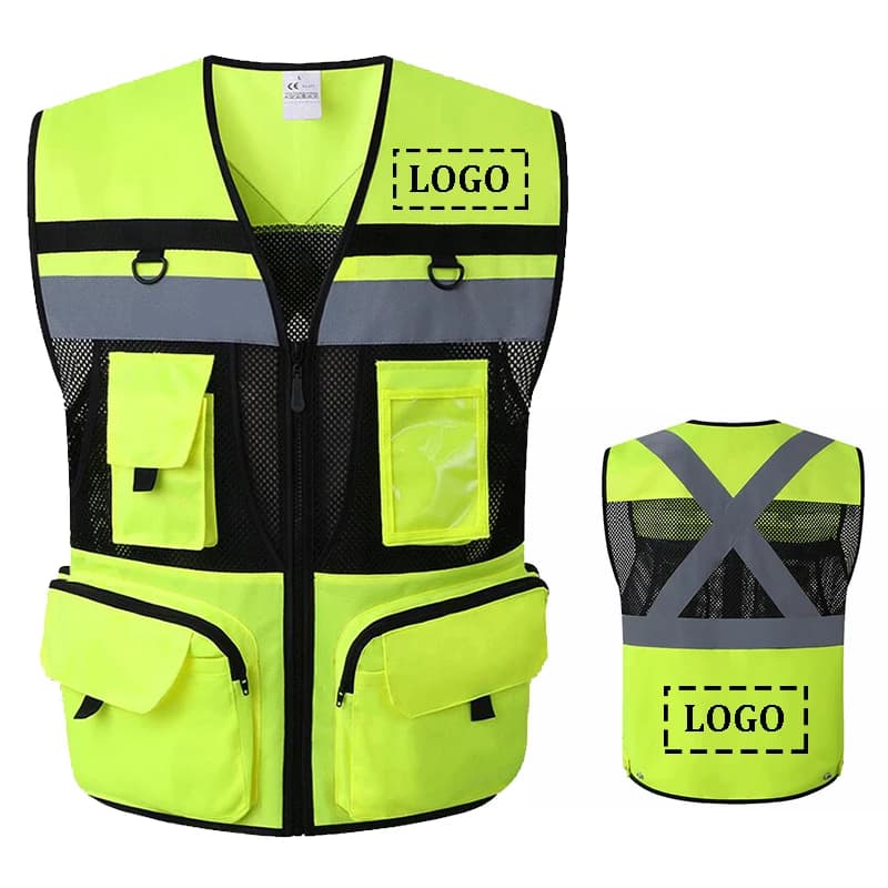 Gilet police circulation orange avec poches - Veste travail construction personnalisable - Équipement sécurité pêche