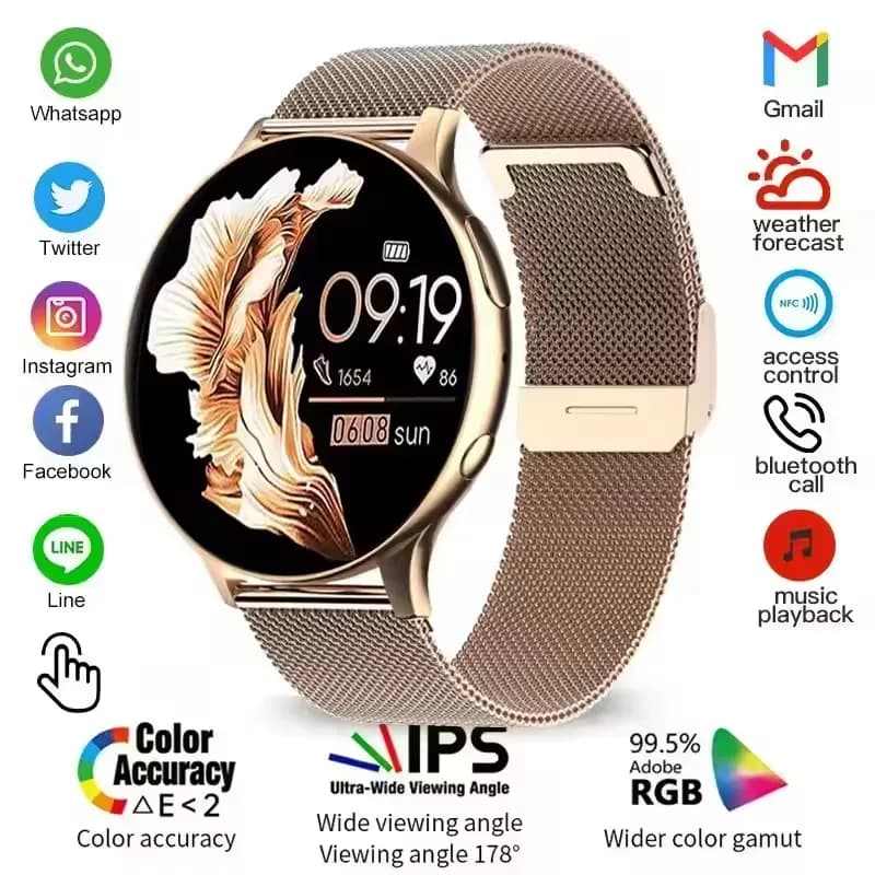 Smartwatch femme 2026 suivi santé 6 indicateurs étanche assistant vocal appels Bluetooth sport