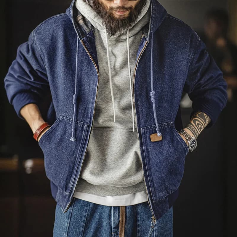 Veste vintage Maden J130 en toile lourde avec capuche - Veste courte pour pêche et streetwear automnal