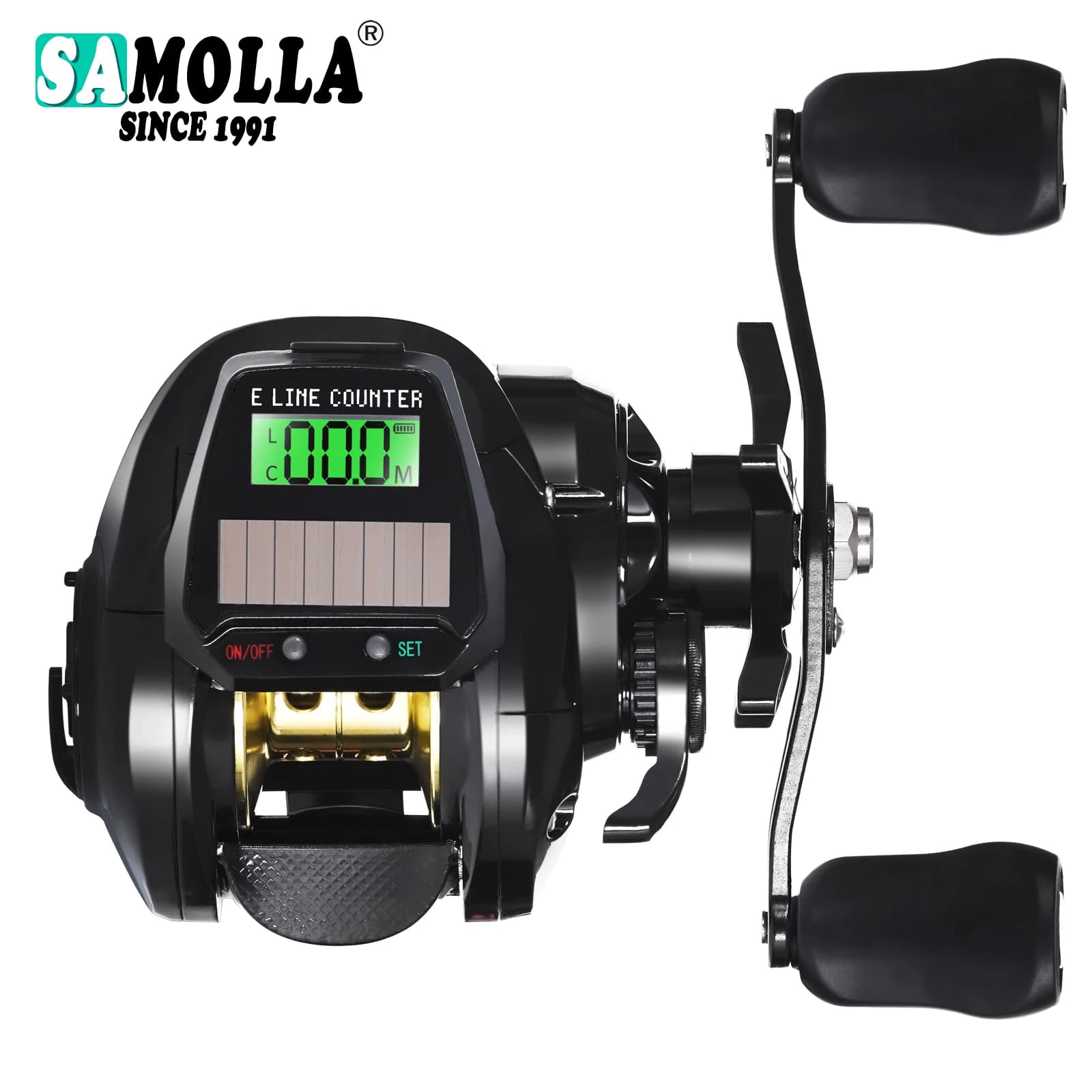 Moulinet de pêche casting électronique SAMOLLA écran LED recharge USB/solaire 7.2:1 étanche eau salée
