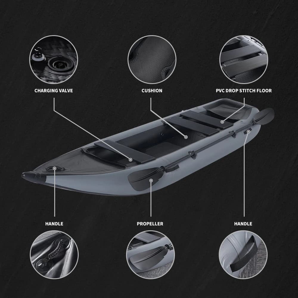 Kayak pêche gonflable 2 places à pédales pour eaux vives - Structure Drop Stitch haute résistance