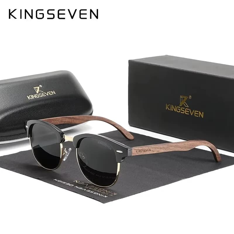 Lunettes de soleil bois noyer KINGSEVEN polarisées - Monture ronde pêche vintage luxe