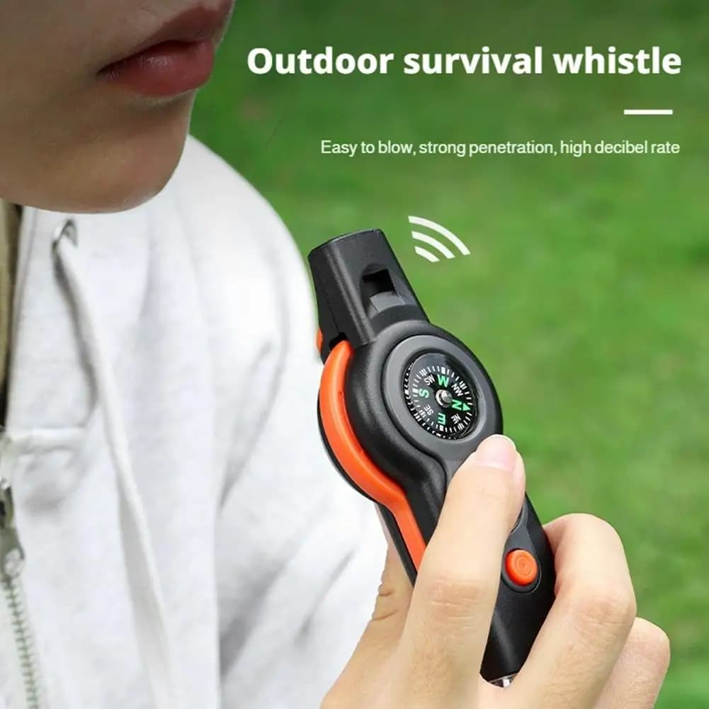 Sifflet survie multifonction 7-en-1 - Accessoire voyage avec LED et boussole pour pêche