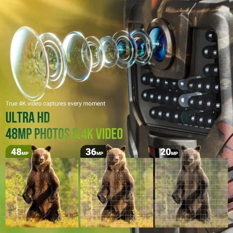 Caméra trail WiFi 4K 48MP Bluetooth vision nocturne 0.2s déclenchement angle large étanche