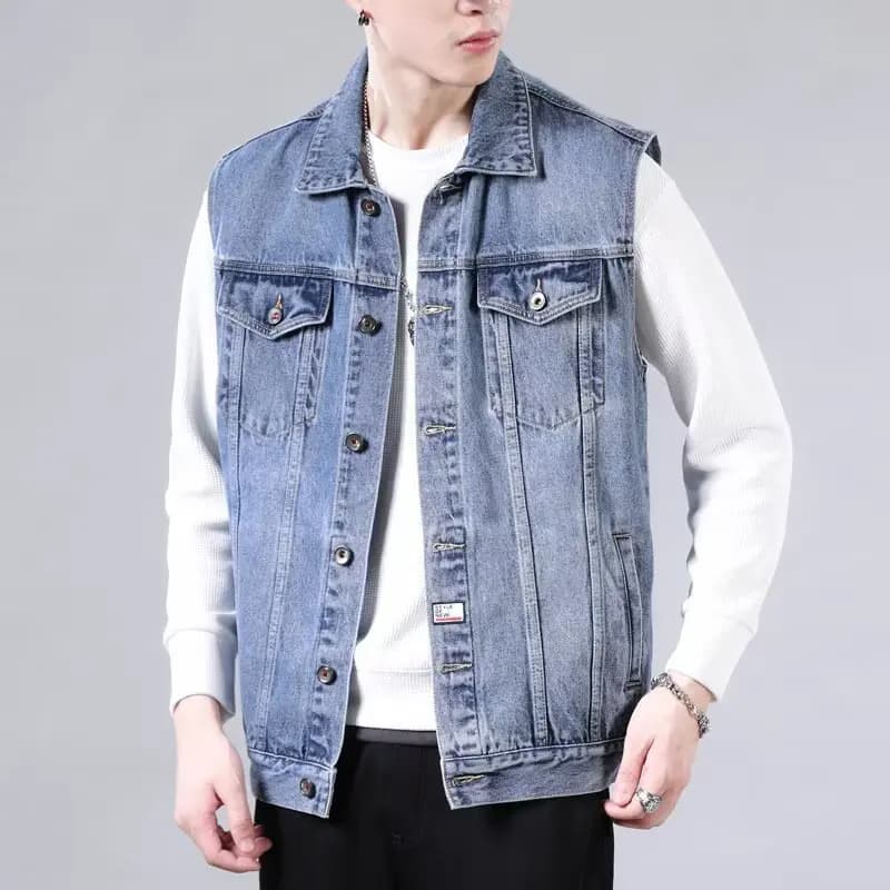 Veste denim rétro haut de gamme multi-poches - Veste sans manches col revers travail - Style vintage pêche