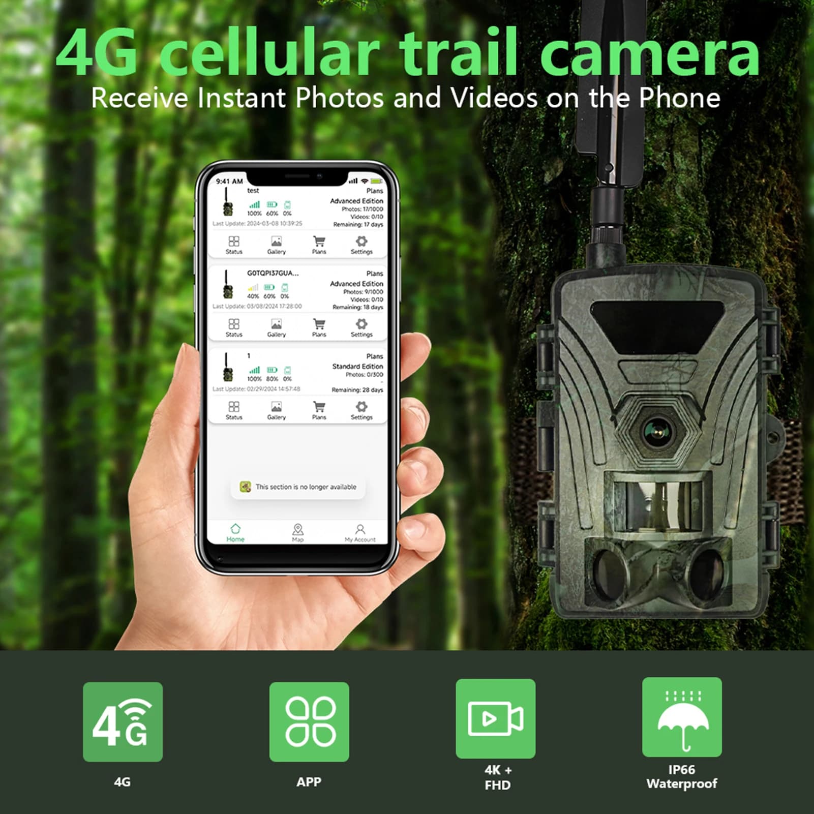 Caméra 4G 4K 60MP avec carte SIM déclenchement rapide vision nocturne pour surveillance pêche
