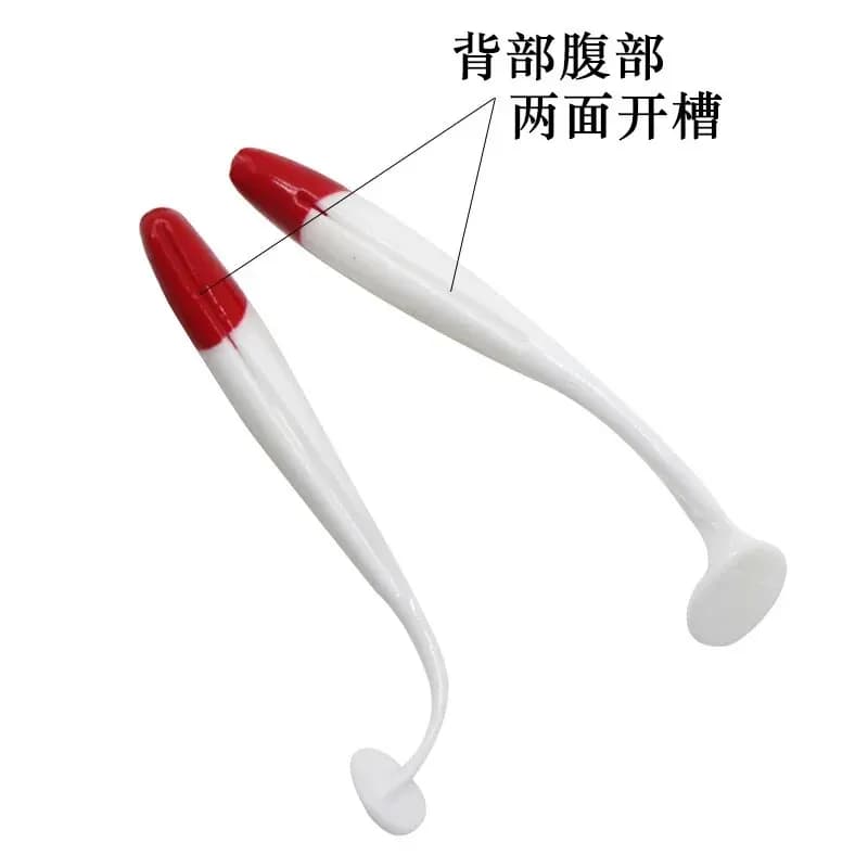 Leurre Souple T-tail Bionique 7 à 12 cm, Tête Rouge Corps Blanc, 10 Leurres par Sachet