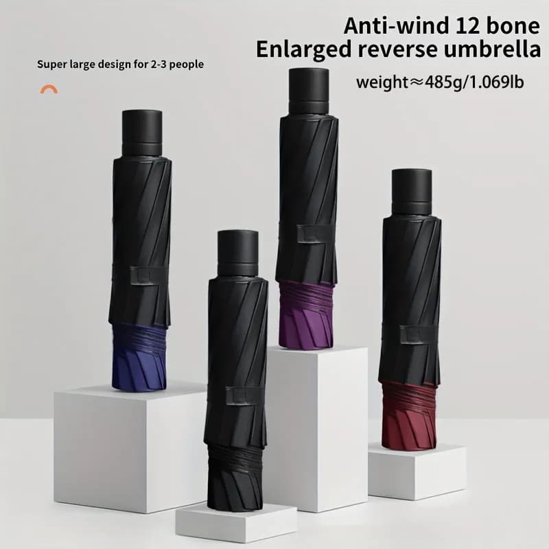 Grand parapluie pliable noir 12 baleines renforcées protection solaire robuste mixte manuel