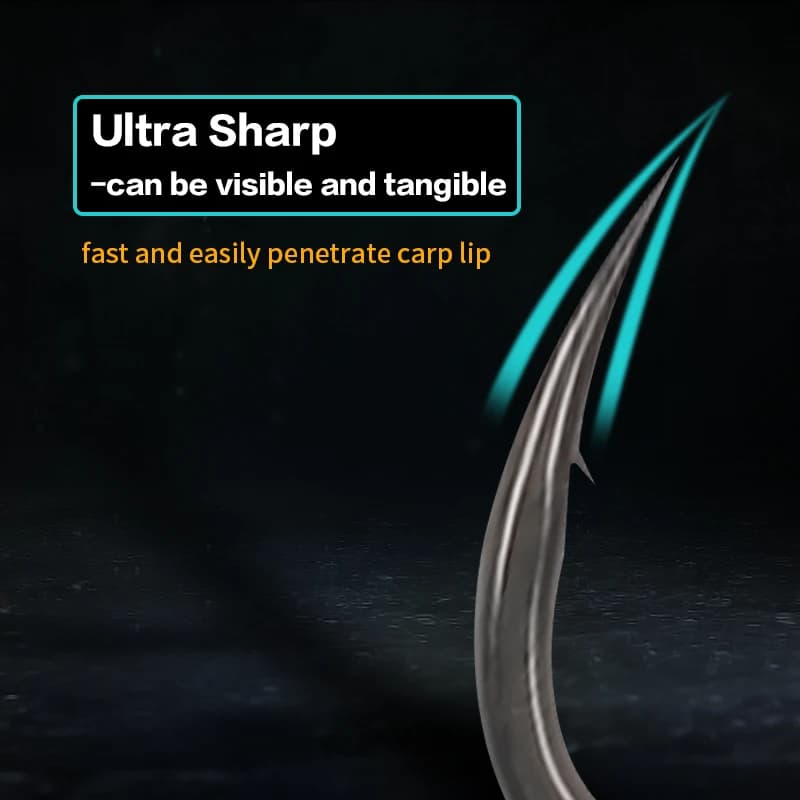 10 hameçons carpe longue tige micro-barbelés taille 2 4 6 8, pointe bec ultra-affûtée revêtement PTFE